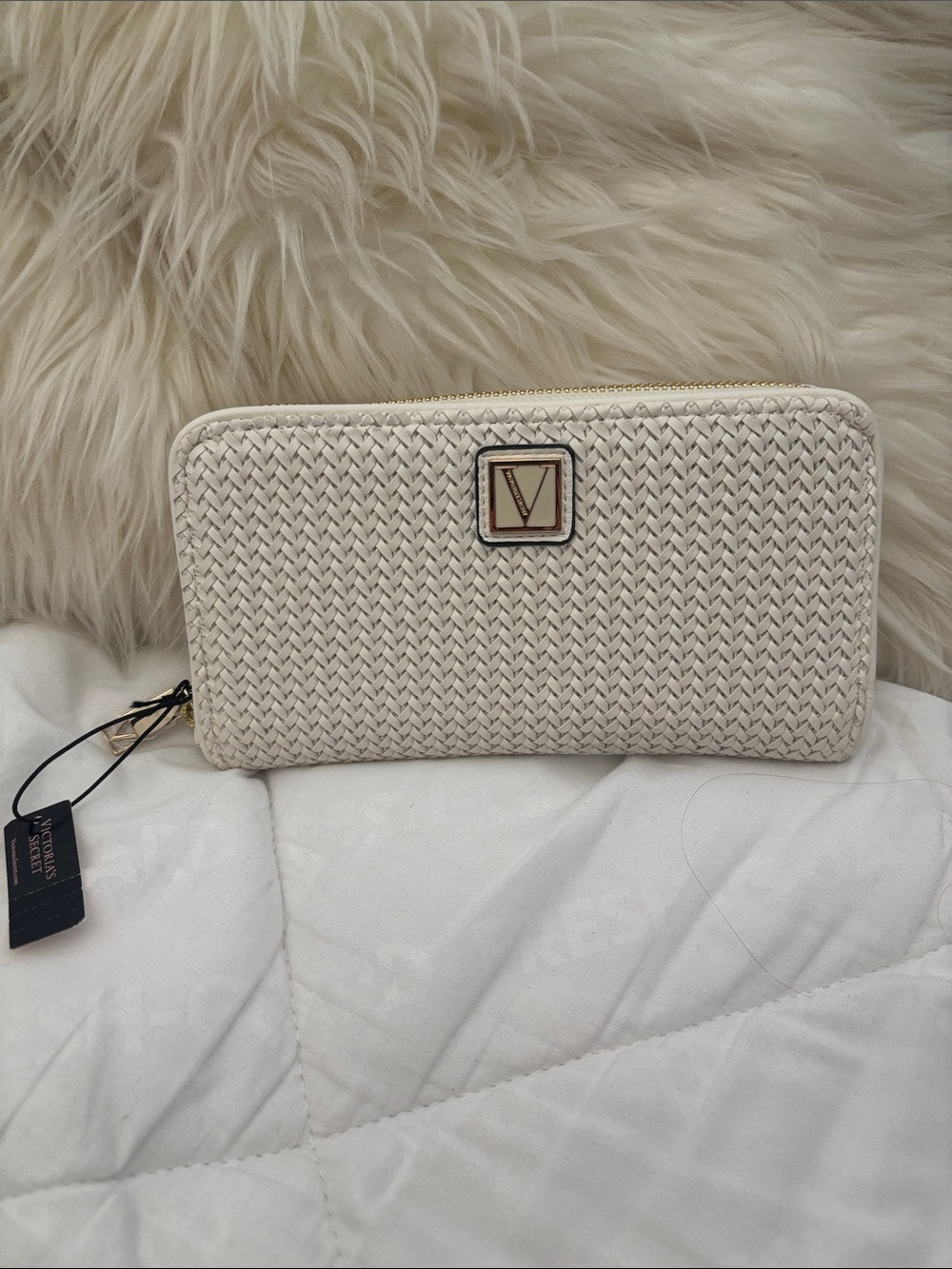 Victoria's Secret Cream Woven Zip Wallet with Gold V Logo